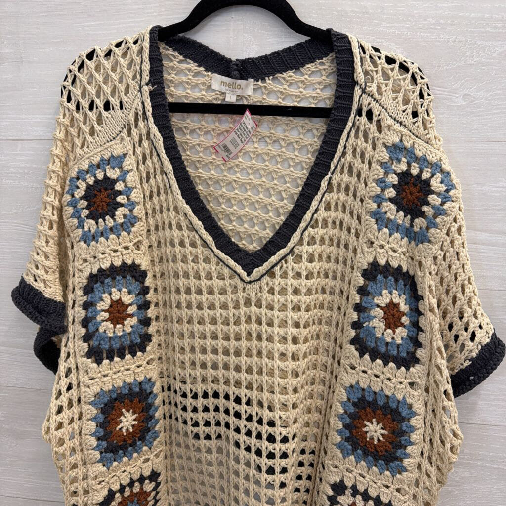 Mello Blue/ Beige Granny Square Open Knit Short Sleeve Top Large