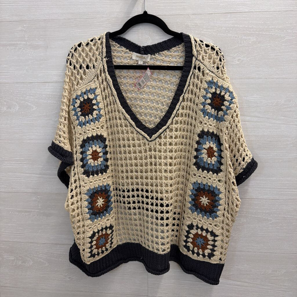 Mello Blue/ Beige Granny Square Open Knit Short Sleeve Top Large