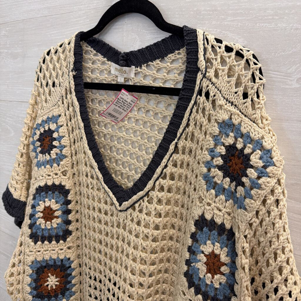 Mello Blue/ Beige Granny Square Open Knit Short Sleeve Top Large
