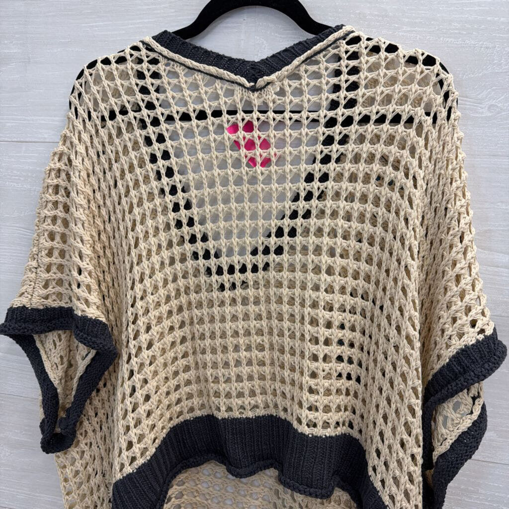 Mello Blue/ Beige Granny Square Open Knit Short Sleeve Top Large