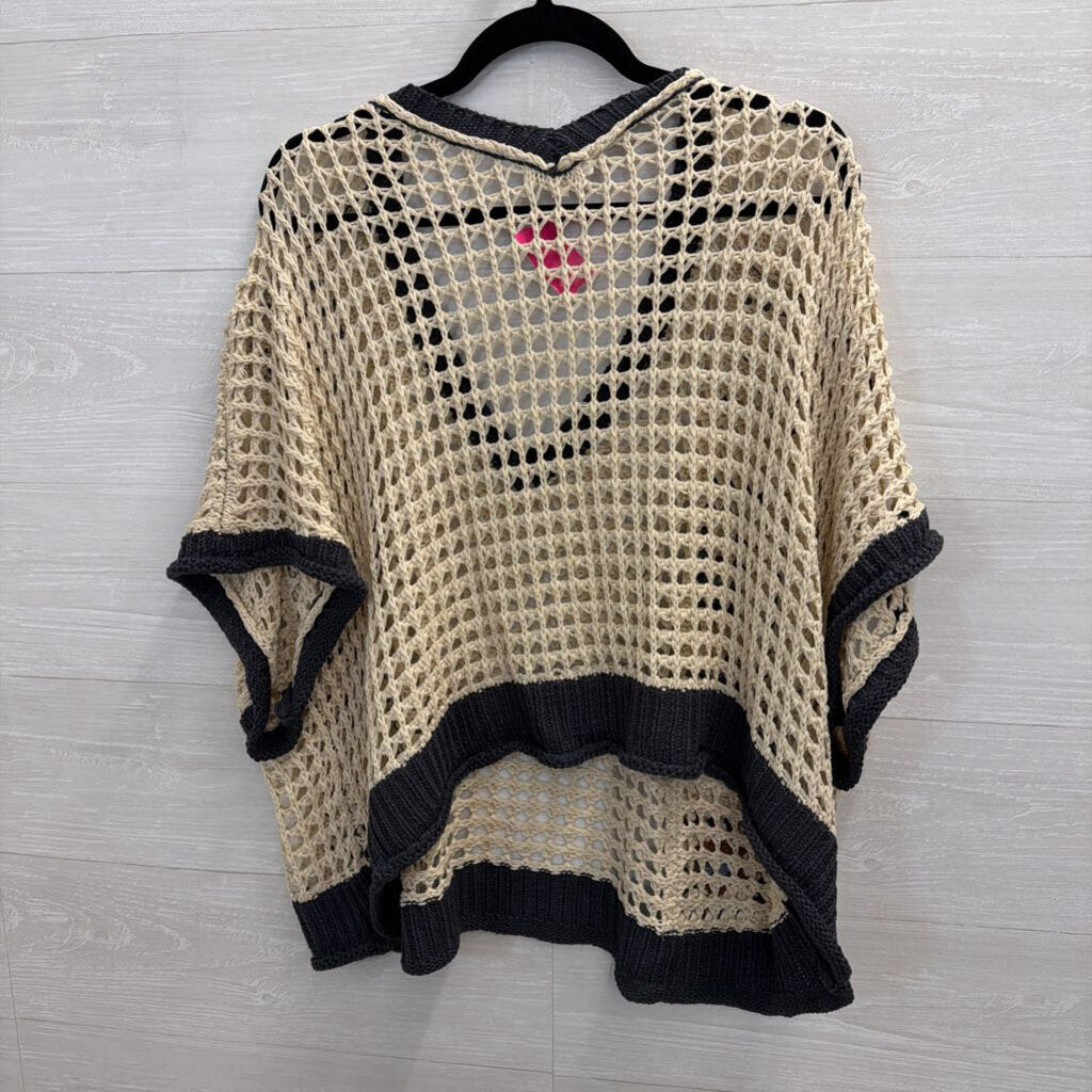 Mello Blue/ Beige Granny Square Open Knit Short Sleeve Top Large