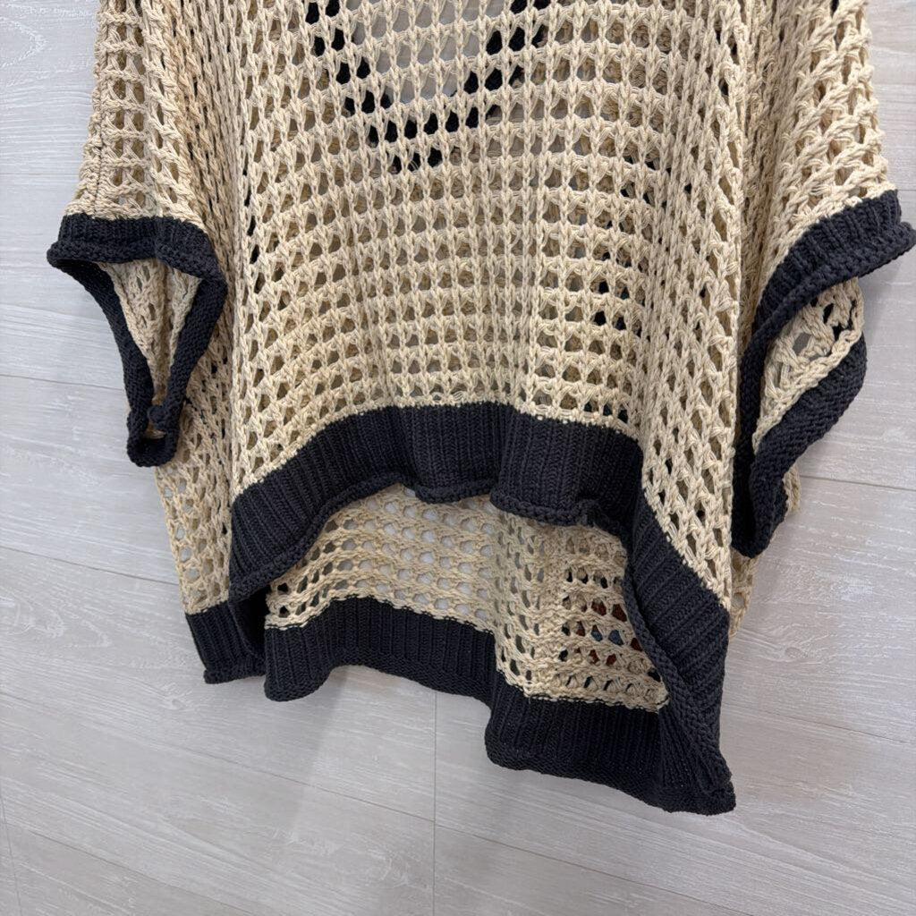 Mello Blue/ Beige Granny Square Open Knit Short Sleeve Top Large
