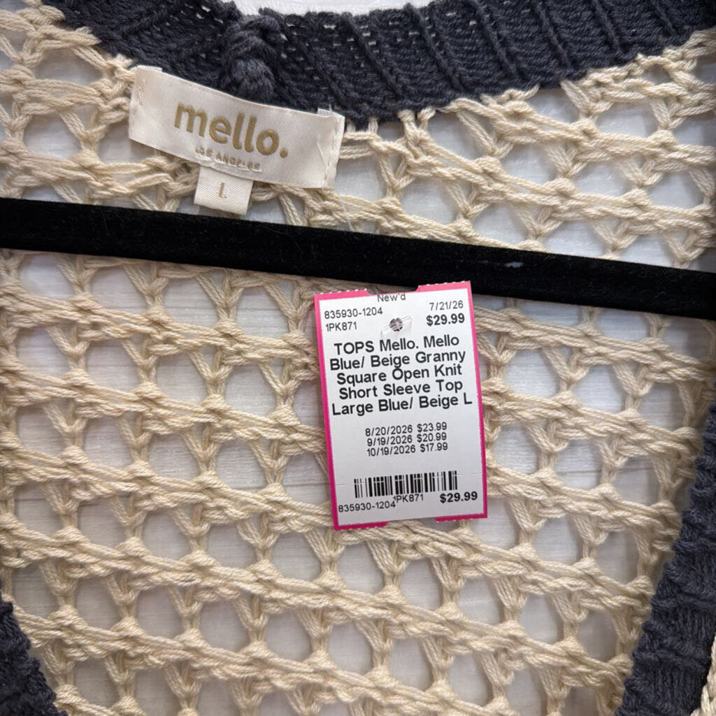 Mello Blue/ Beige Granny Square Open Knit Short Sleeve Top Large
