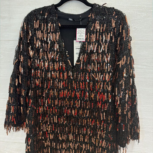 Zara Black/ Gold Sequin Fringe Long Sleeve Dress Medium