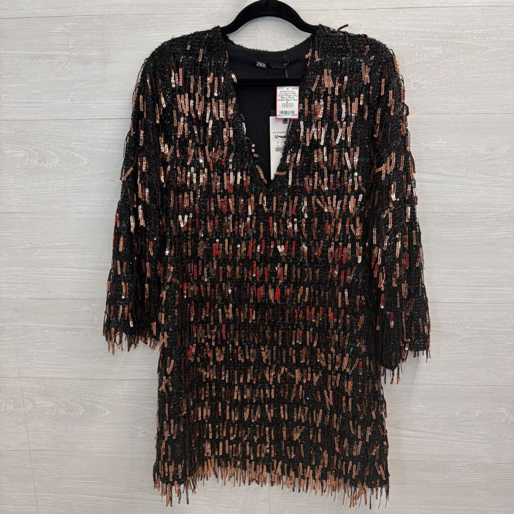 Zara Black/ Gold Sequin Fringe Long Sleeve Dress Medium