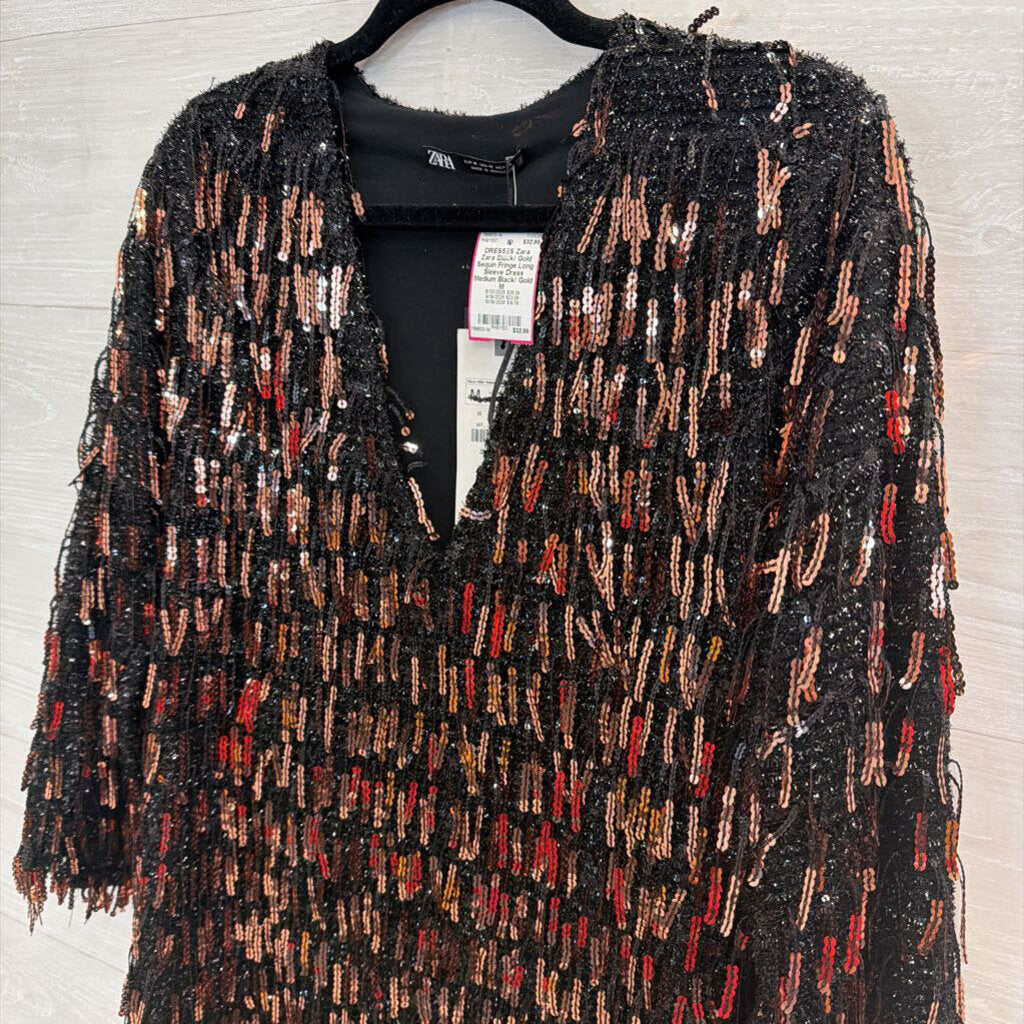 Zara Black/ Gold Sequin Fringe Long Sleeve Dress Medium