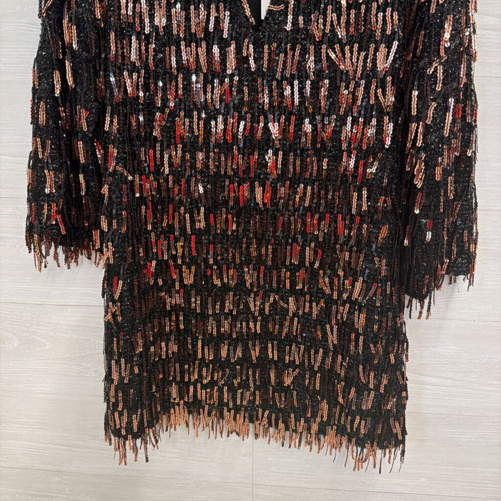 Zara Black/ Gold Sequin Fringe Long Sleeve Dress Medium