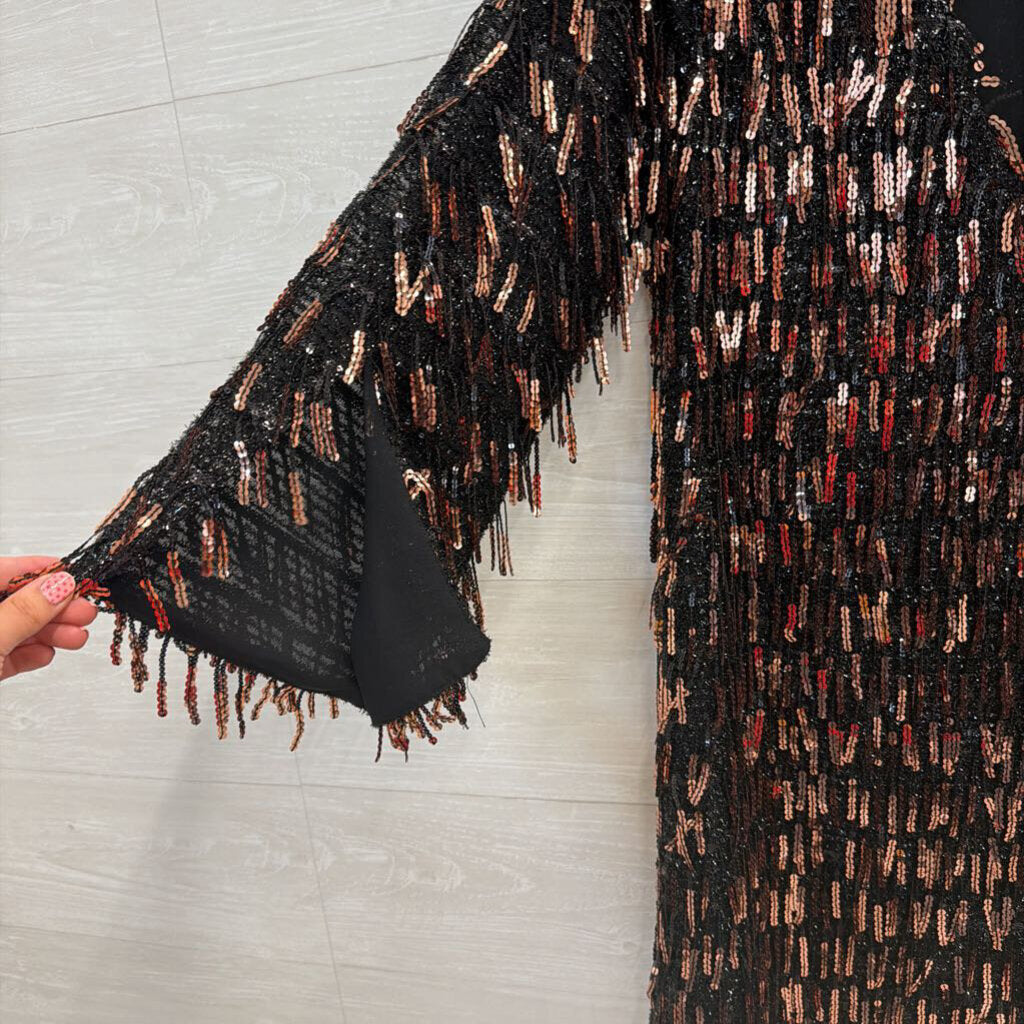 Zara Black/ Gold Sequin Fringe Long Sleeve Dress Medium