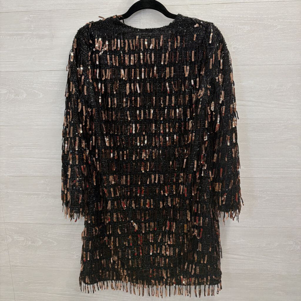 Zara Black/ Gold Sequin Fringe Long Sleeve Dress Medium