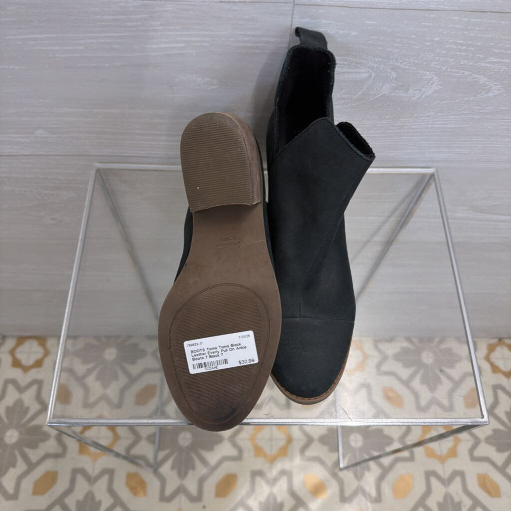 Toms Black Leather Everly Pull On Ankle Boots 7