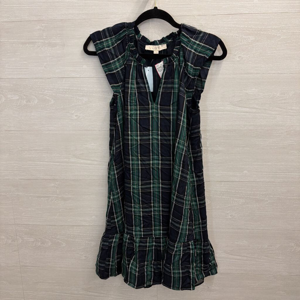 Loft Navy/ Green Plaid Sleeveless Dress 2 Petite