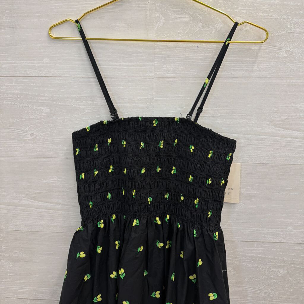 Black/ Yellow Lemon Print Smocked Top Midi Dress Extra Small