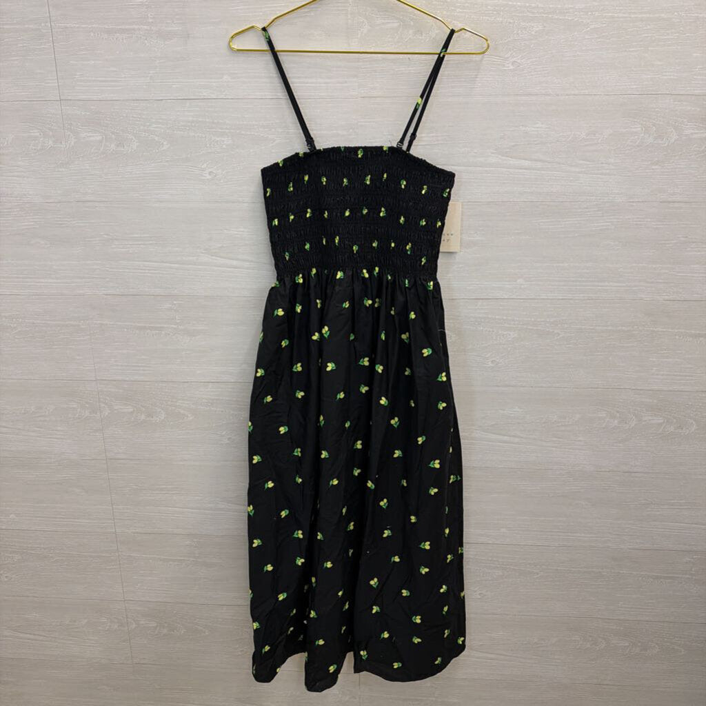 Black/ Yellow Lemon Print Smocked Top Midi Dress Extra Small