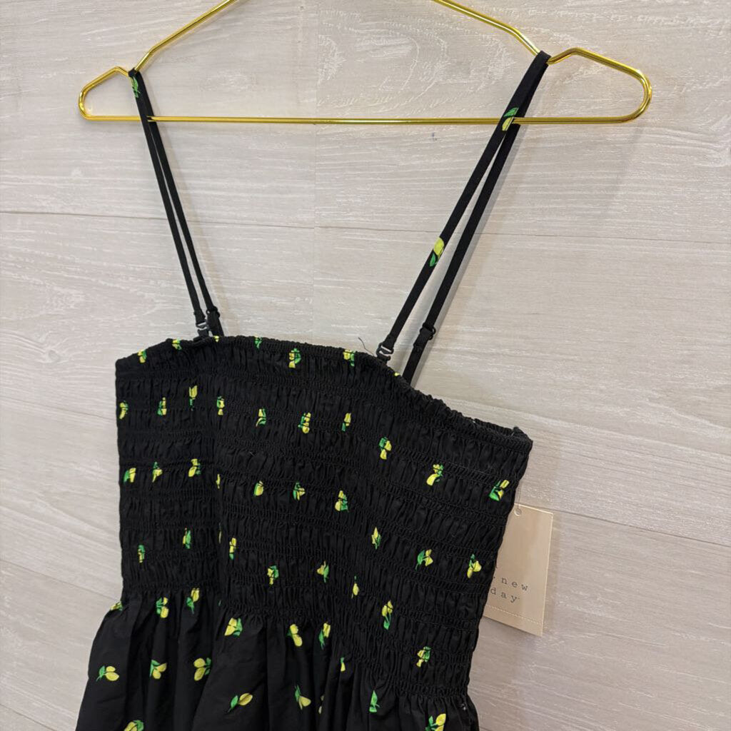 Black/ Yellow Lemon Print Smocked Top Midi Dress Extra Small