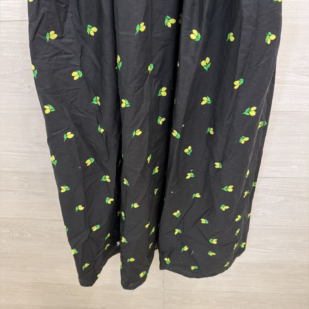 Black/ Yellow Lemon Print Smocked Top Midi Dress Extra Small
