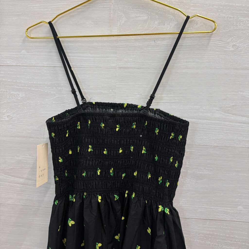 Black/ Yellow Lemon Print Smocked Top Midi Dress Extra Small