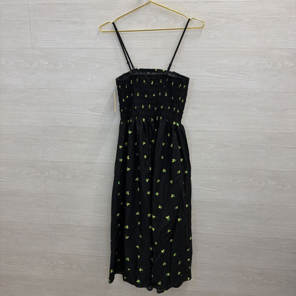 Black/ Yellow Lemon Print Smocked Top Midi Dress Extra Small