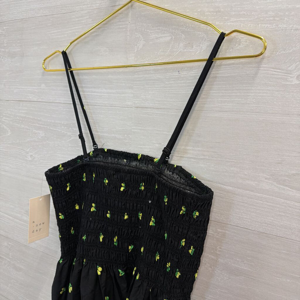 Black/ Yellow Lemon Print Smocked Top Midi Dress Extra Small
