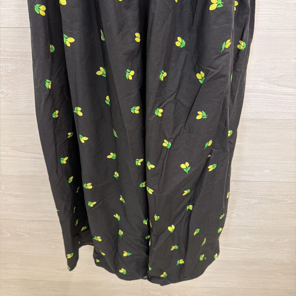 Black/ Yellow Lemon Print Smocked Top Midi Dress Extra Small