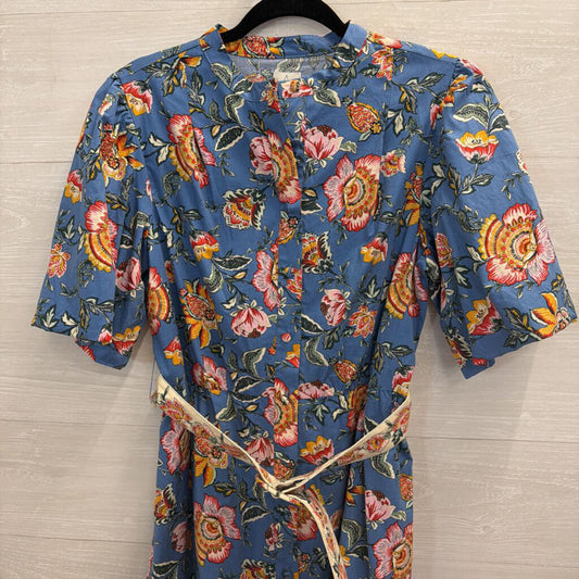 Joie Blue/ Multi Floral Print Short Puff Sleeve Belted Dress 8