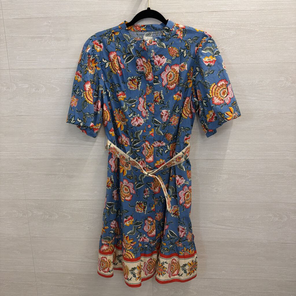 Joie Blue/ Multi Floral Print Short Puff Sleeve Belted Dress 8
