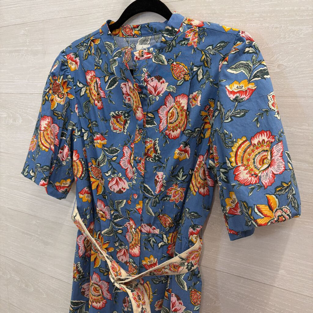 Joie Blue/ Multi Floral Print Short Puff Sleeve Belted Dress 8