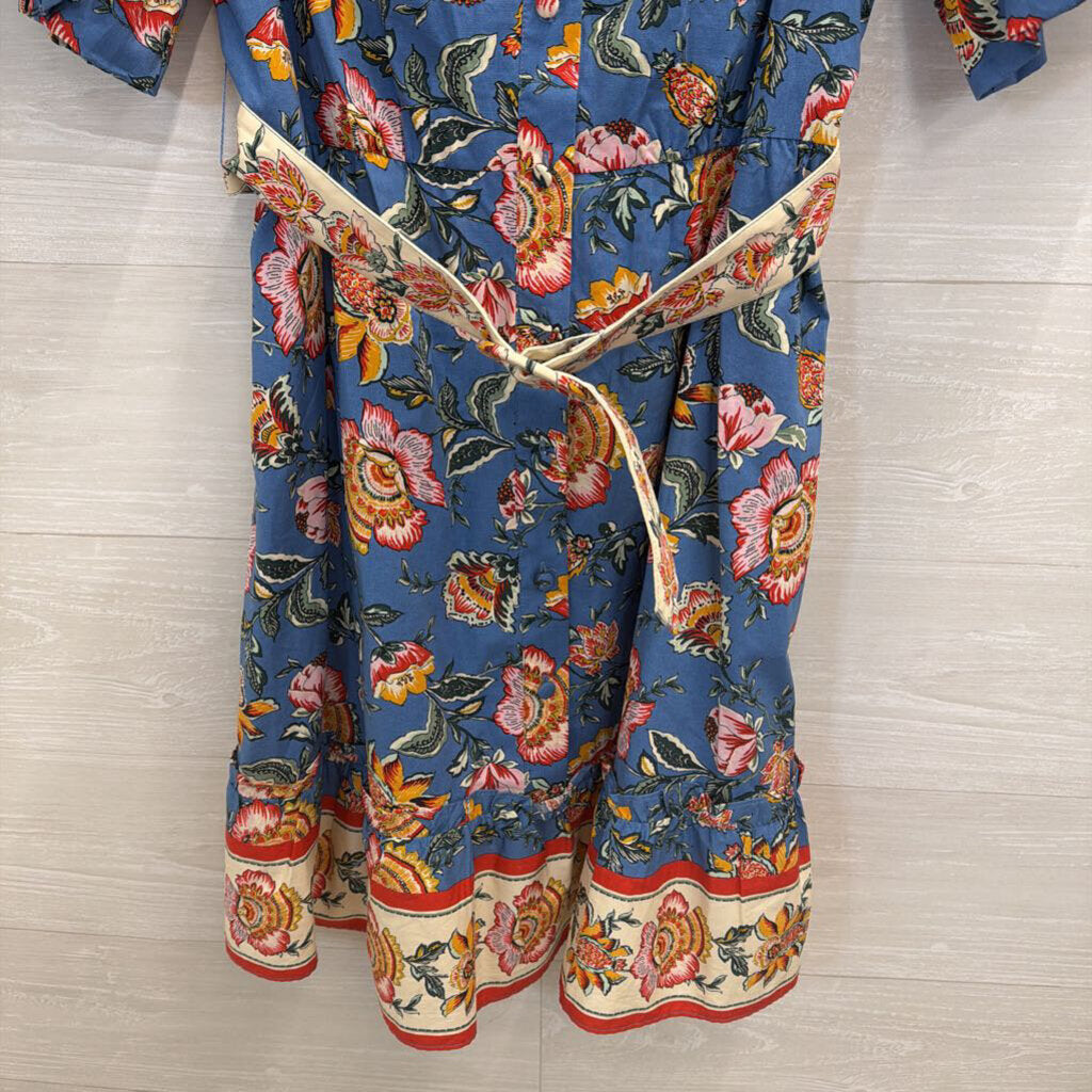 Joie Blue/ Multi Floral Print Short Puff Sleeve Belted Dress 8