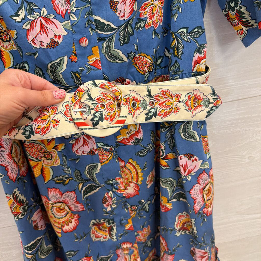 Joie Blue/ Multi Floral Print Short Puff Sleeve Belted Dress 8