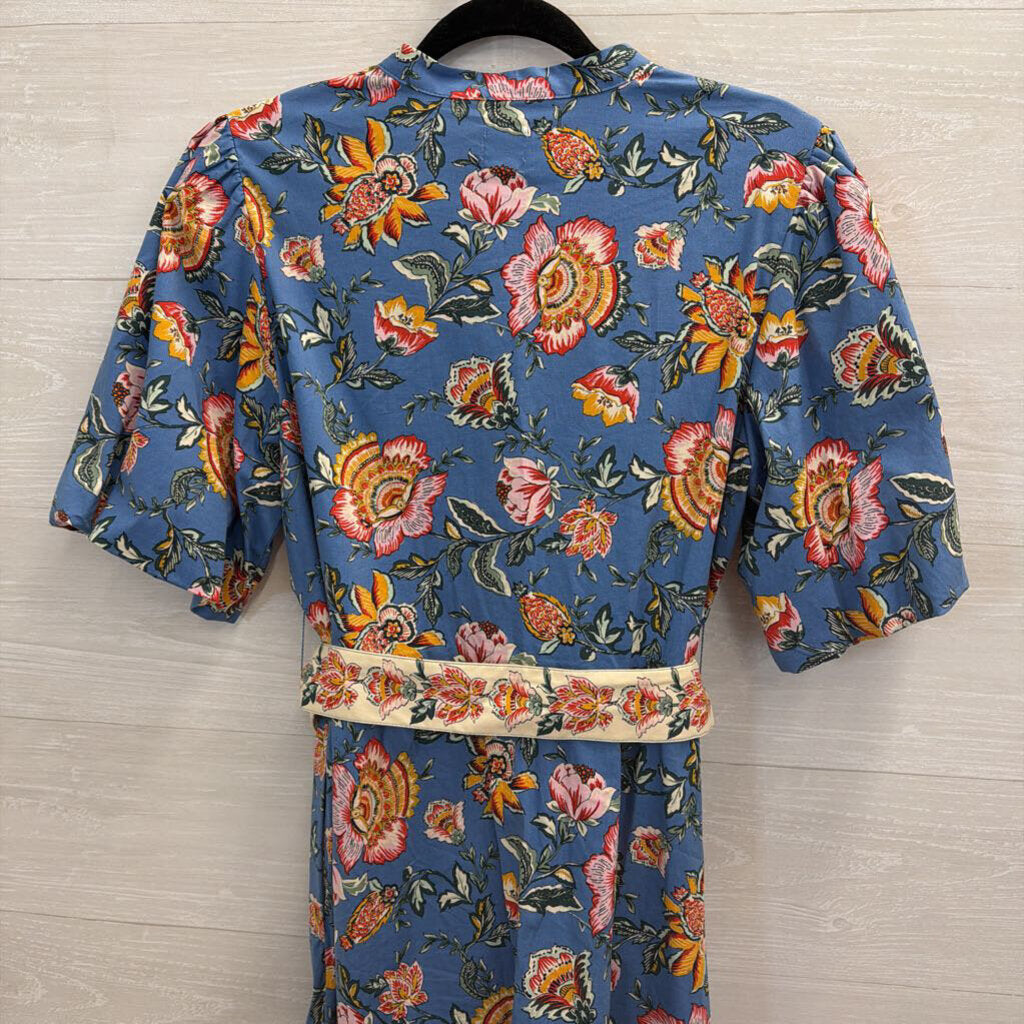 Joie Blue/ Multi Floral Print Short Puff Sleeve Belted Dress 8