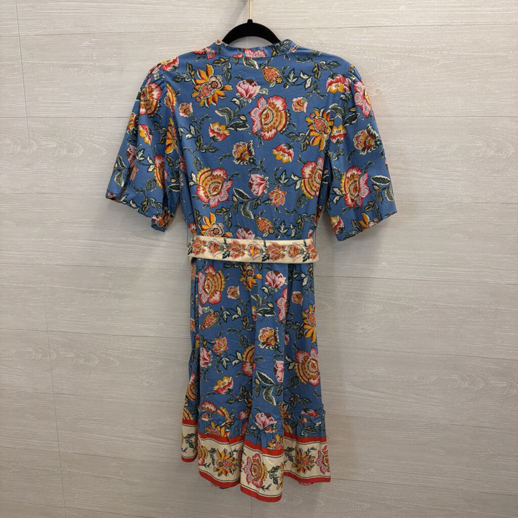 Joie Blue/ Multi Floral Print Short Puff Sleeve Belted Dress 8