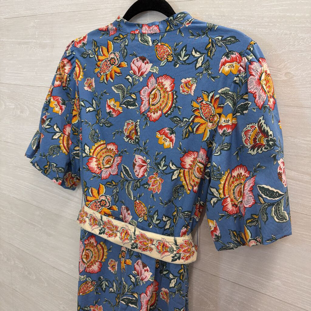 Joie Blue/ Multi Floral Print Short Puff Sleeve Belted Dress 8
