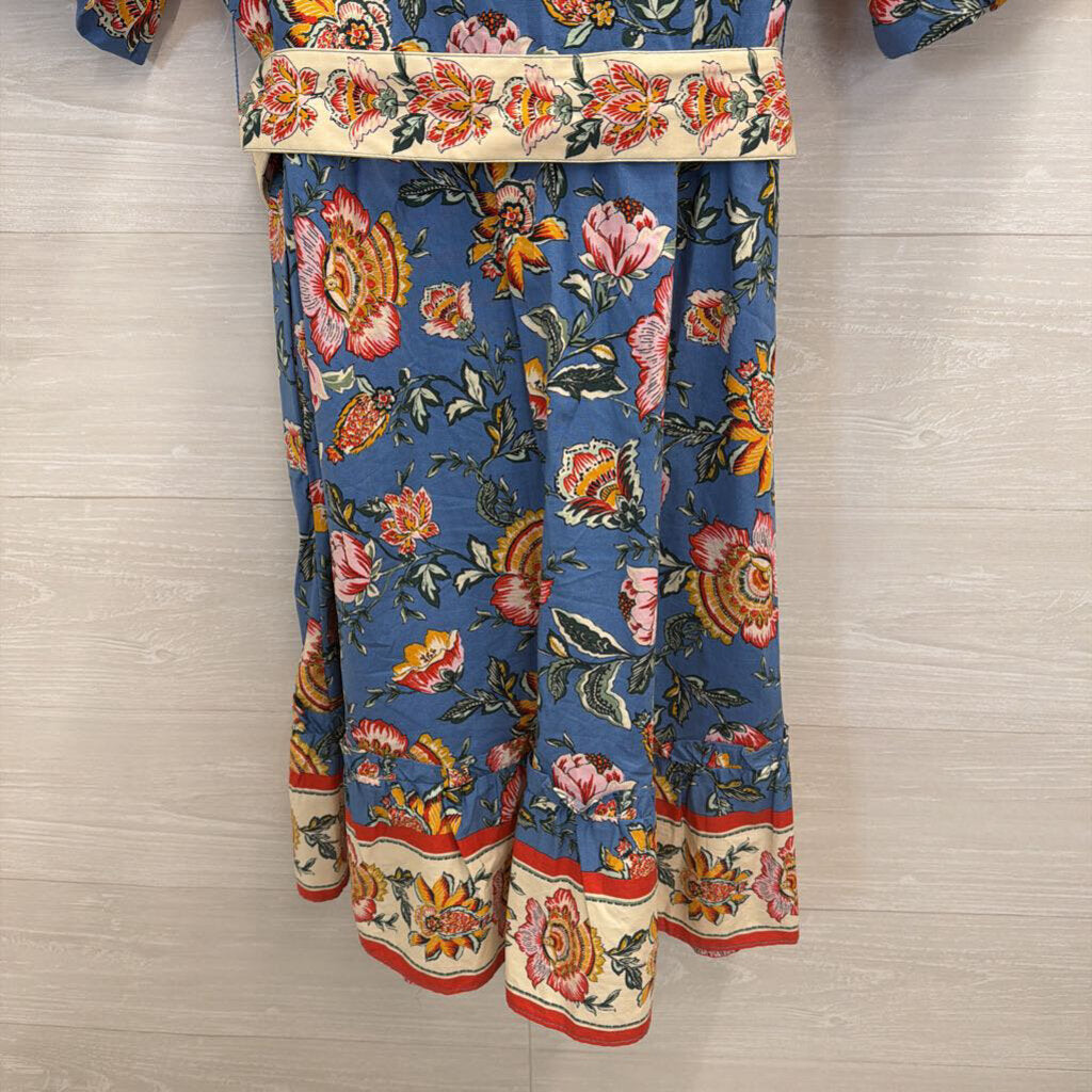 Joie Blue/ Multi Floral Print Short Puff Sleeve Belted Dress 8