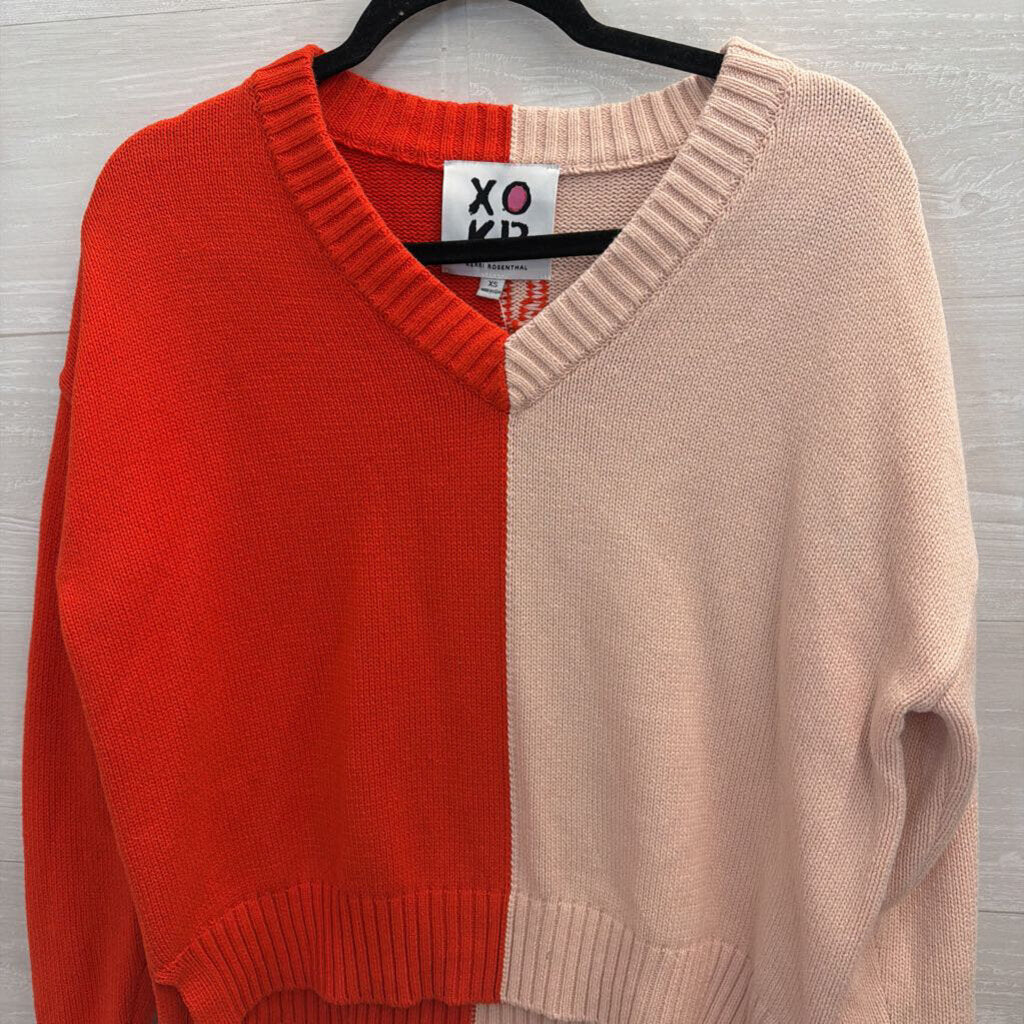 XOKR Pink/ Red Knit V Neck Sweater Top Extra Small