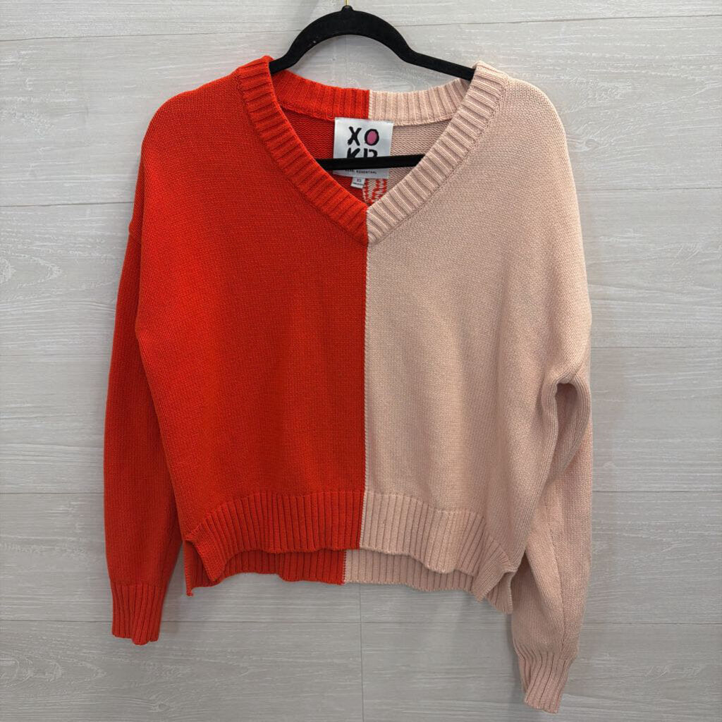 XOKR Pink/ Red Knit V Neck Sweater Top Extra Small