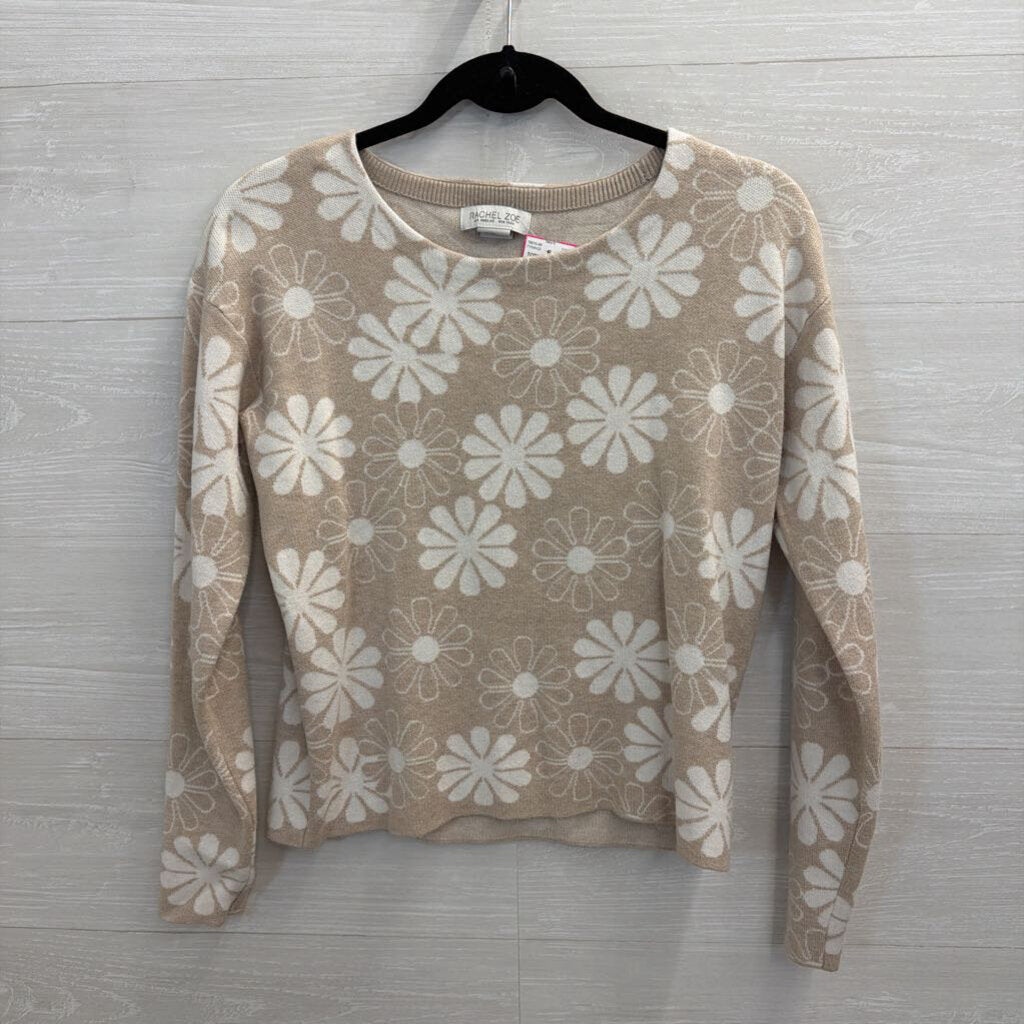 Rachel Zoe Beige/ White Flower Print Sweater Top Extra Small