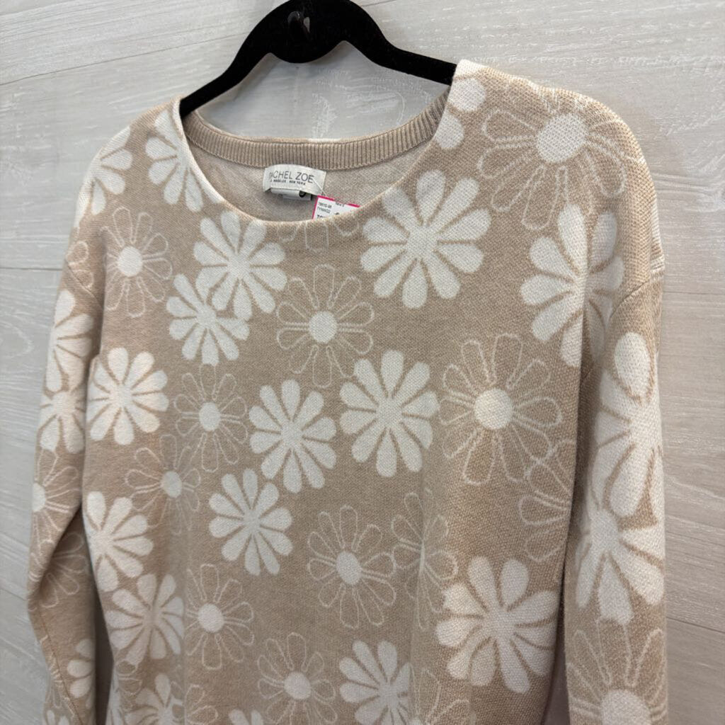 Rachel Zoe Beige/ White Flower Print Sweater Top Extra Small