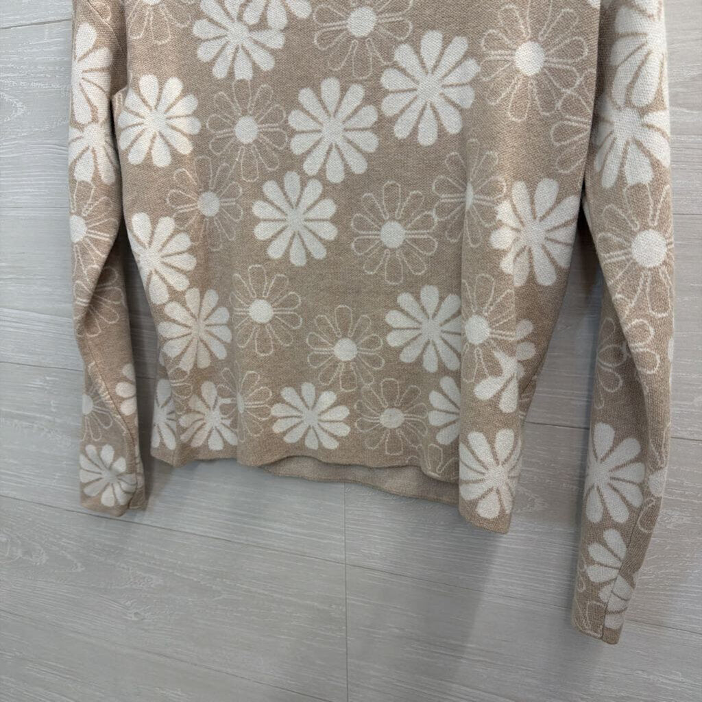 Rachel Zoe Beige/ White Flower Print Sweater Top Extra Small