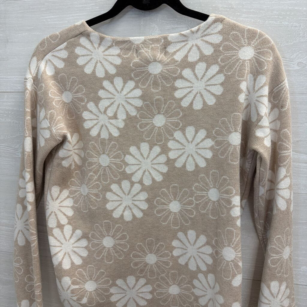 Rachel Zoe Beige/ White Flower Print Sweater Top Extra Small