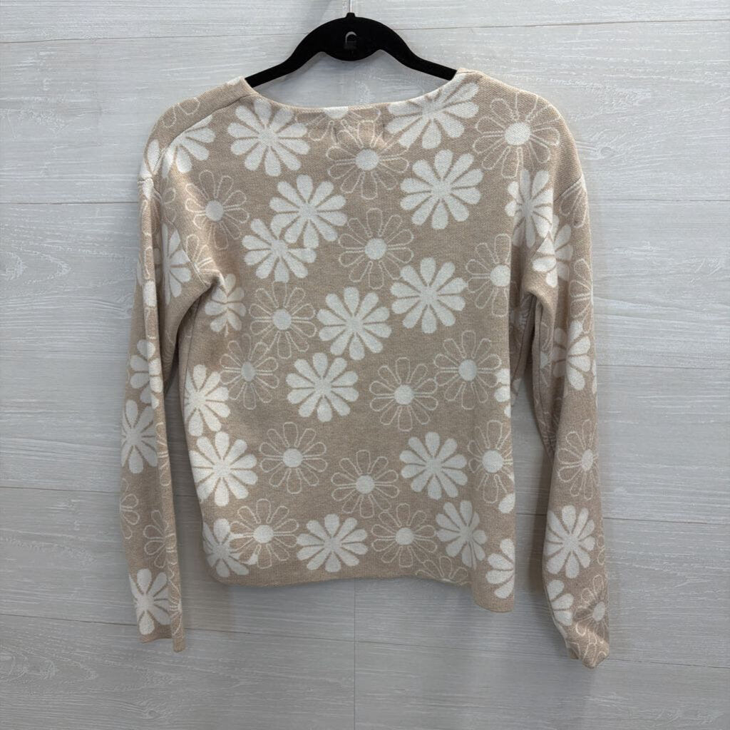 Rachel Zoe Beige/ White Flower Print Sweater Top Extra Small