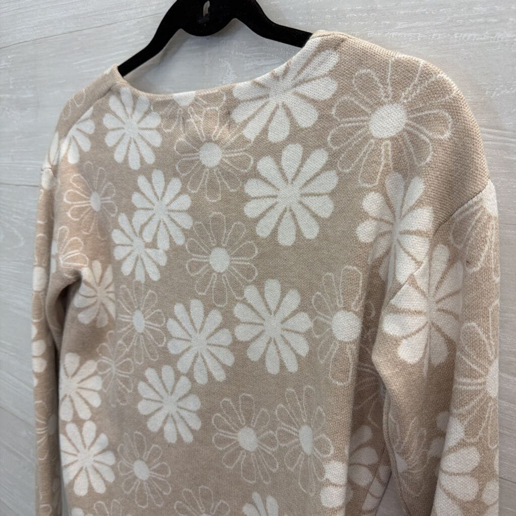 Rachel Zoe Beige/ White Flower Print Sweater Top Extra Small