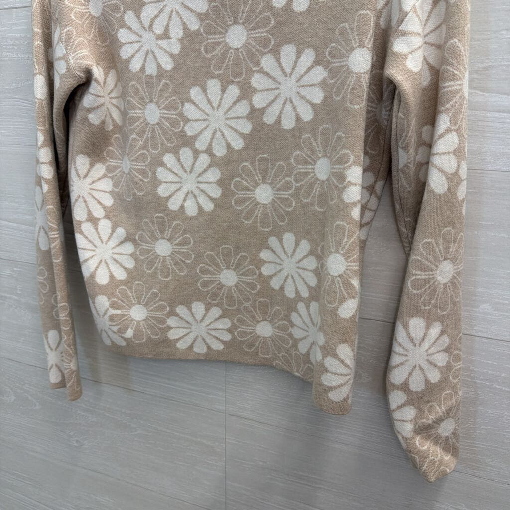Rachel Zoe Beige/ White Flower Print Sweater Top Extra Small