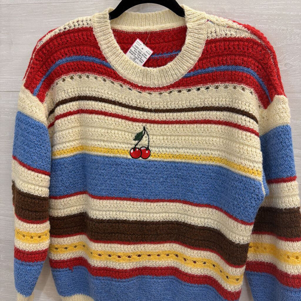 Cider Cream/ Multi Striped Knit Cherry Sweater Top Extra Small
