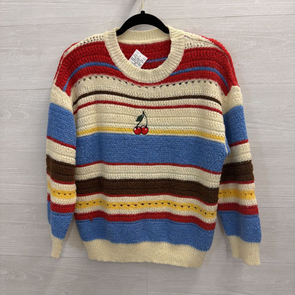 Cider Cream/ Multi Striped Knit Cherry Sweater Top Extra Small