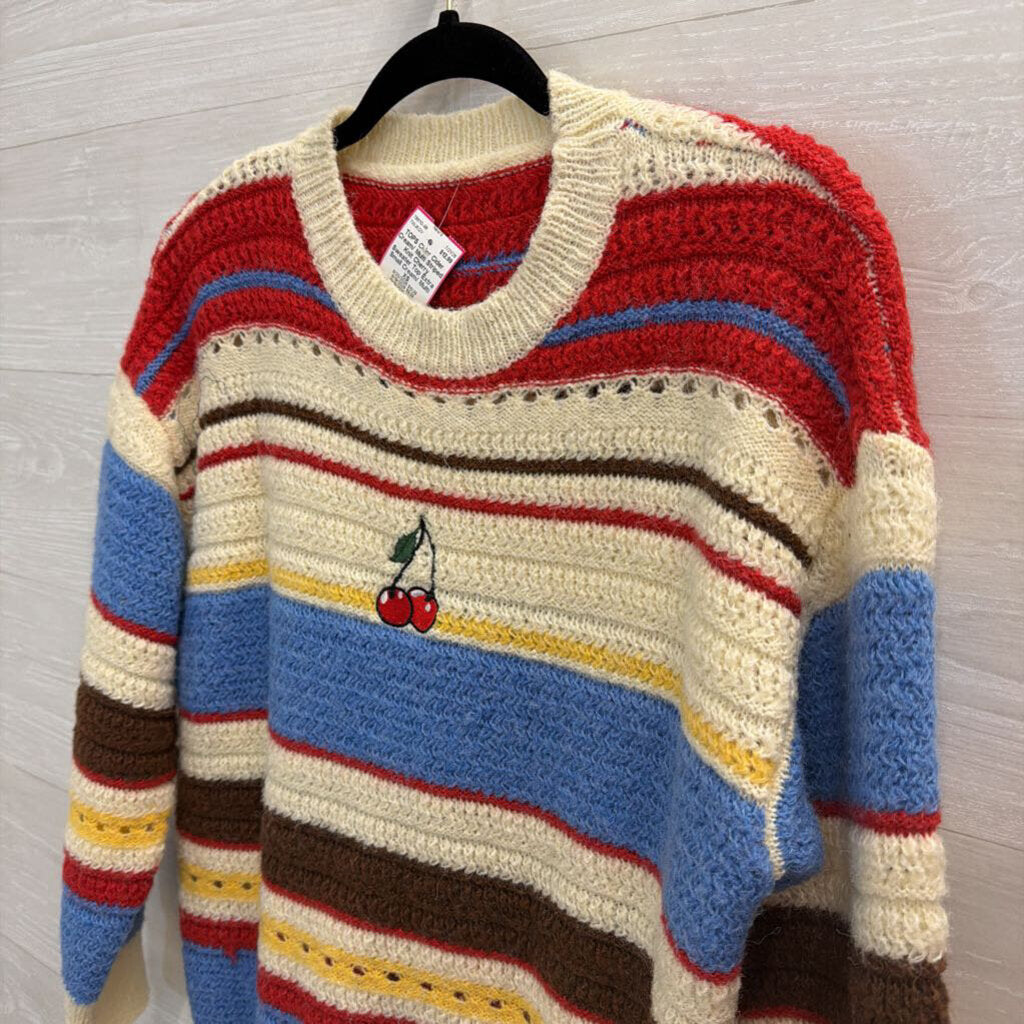 Cider Cream/ Multi Striped Knit Cherry Sweater Top Extra Small