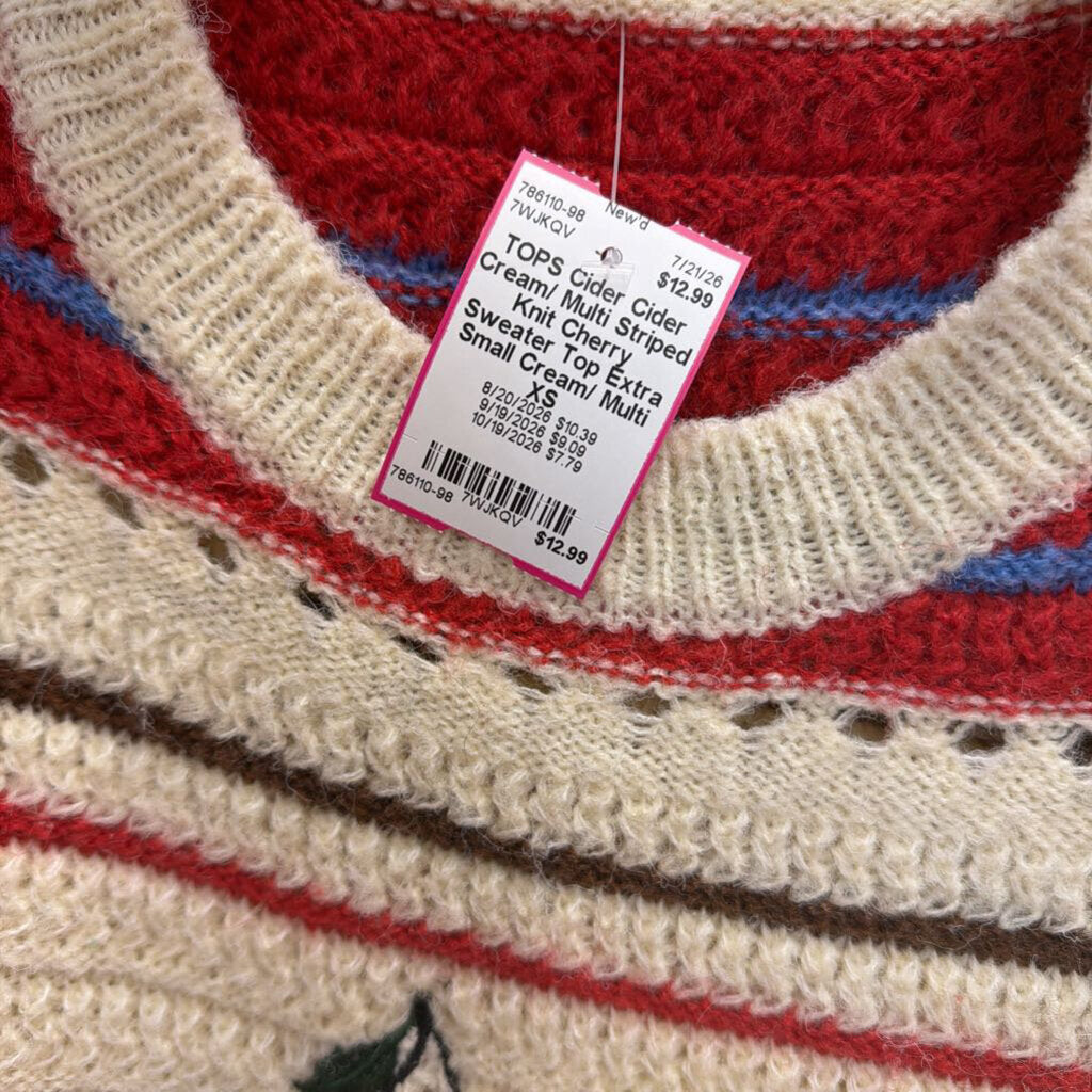 Cider Cream/ Multi Striped Knit Cherry Sweater Top Extra Small