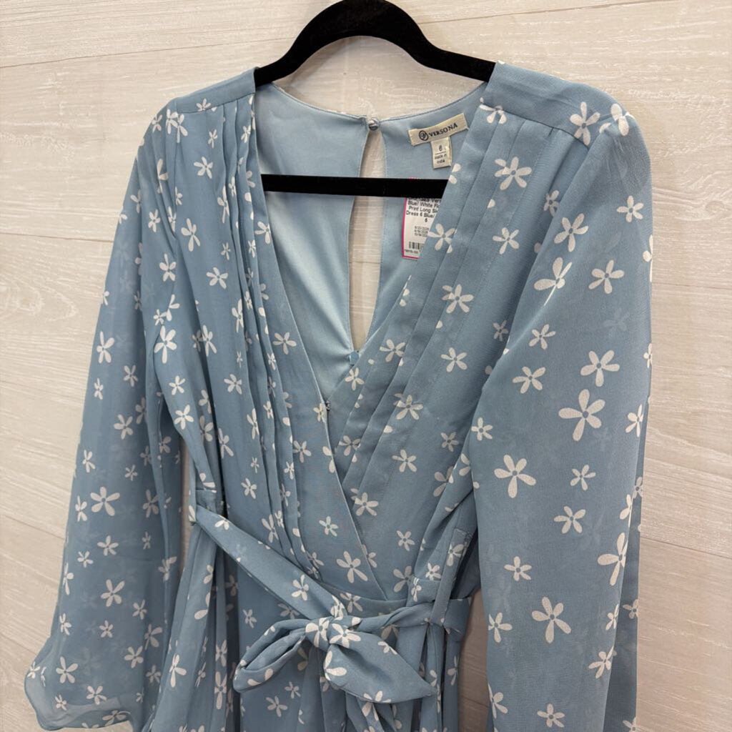 Blue/ White Flower Print Long Sleeve Dress 6