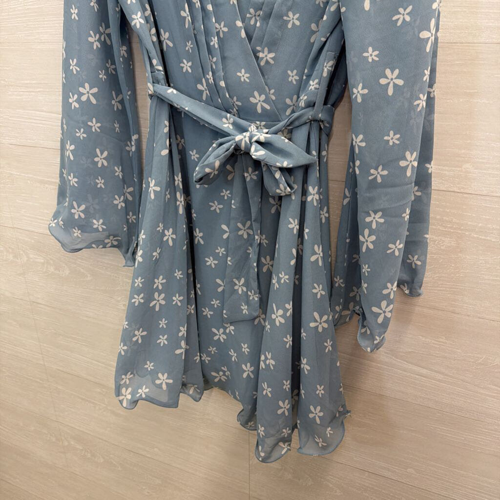 Blue/ White Flower Print Long Sleeve Dress 6