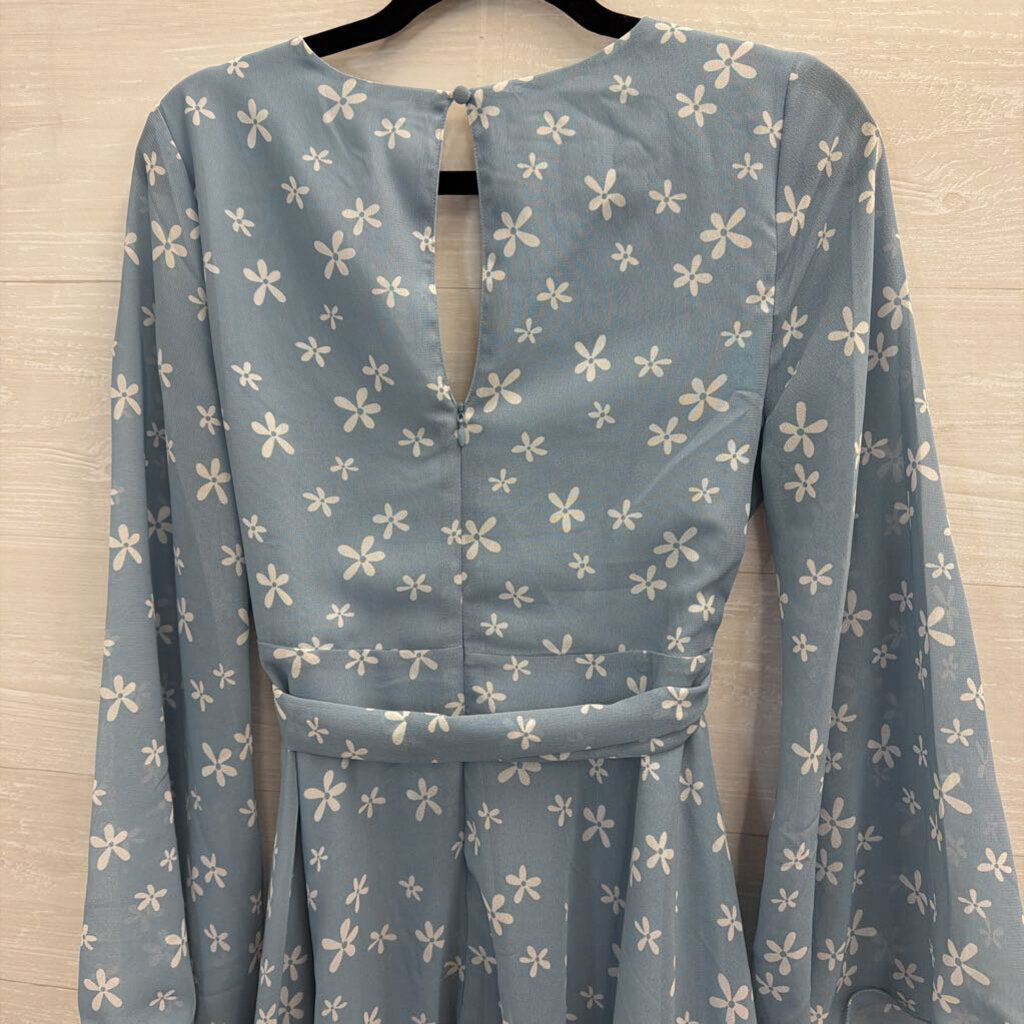 Blue/ White Flower Print Long Sleeve Dress 6