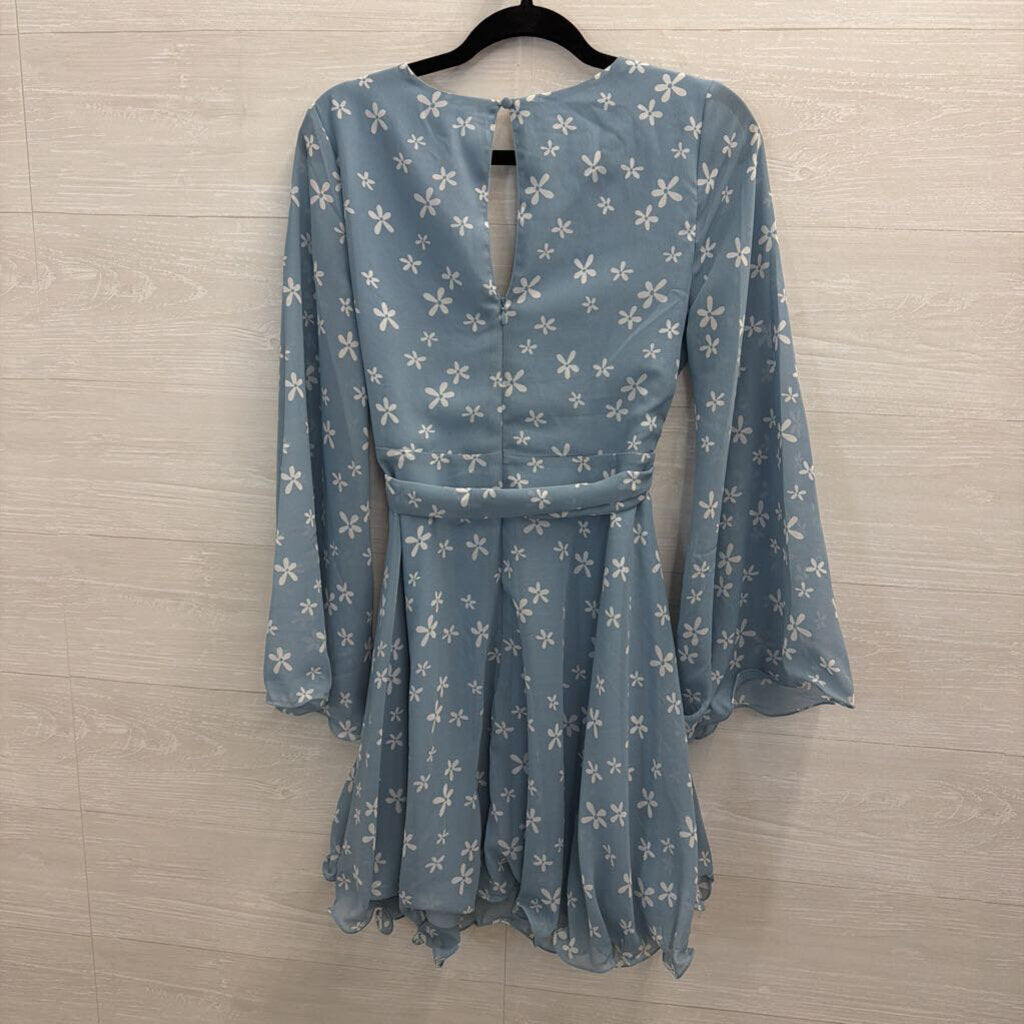 Blue/ White Flower Print Long Sleeve Dress 6