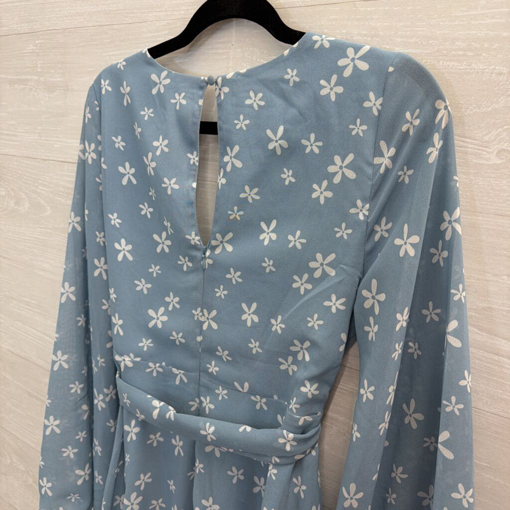 Blue/ White Flower Print Long Sleeve Dress 6